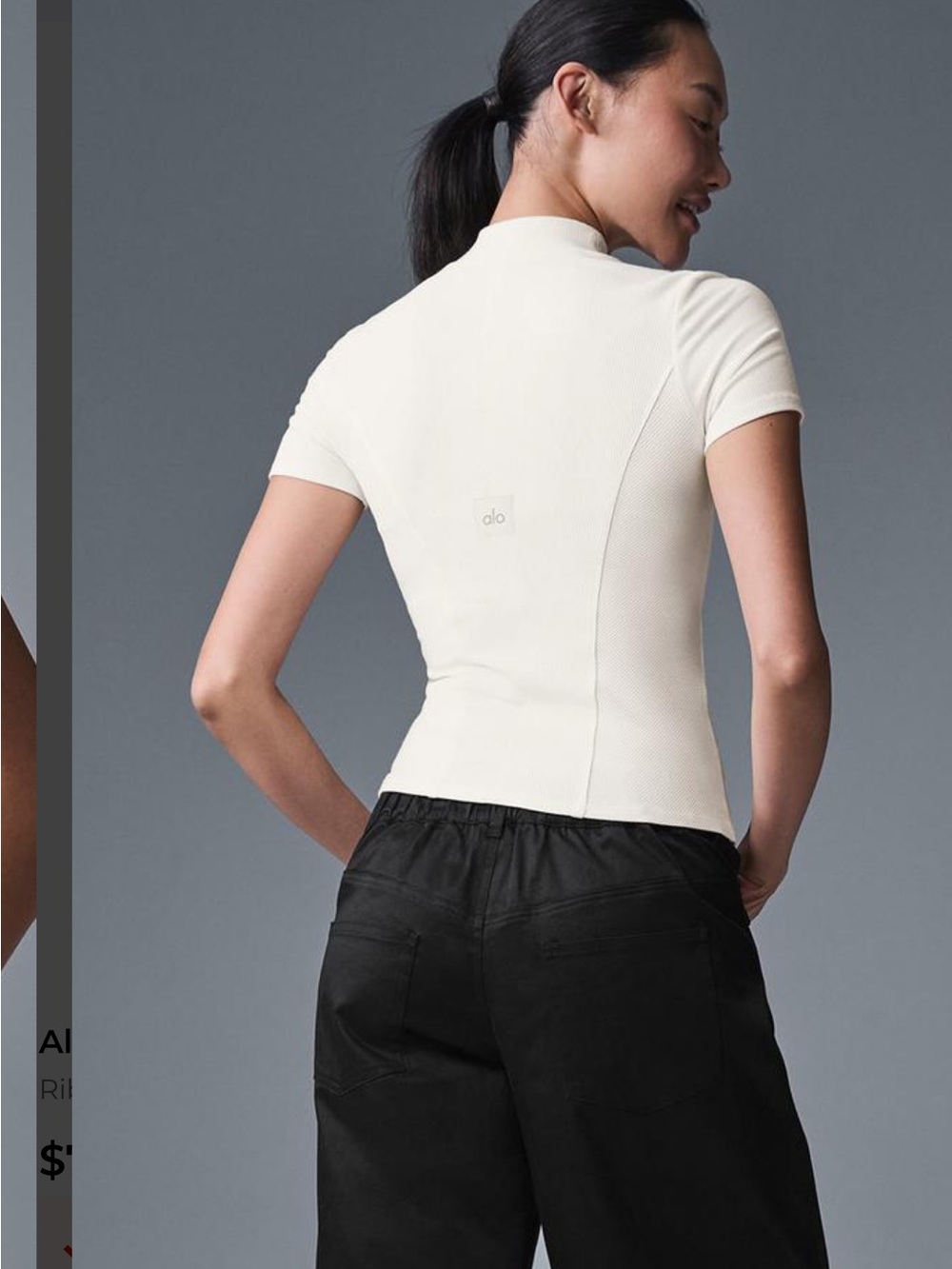 ALO Yoga Cream Ribbed Short Sleeve Mock Neck Tee - Picture 3 of 6